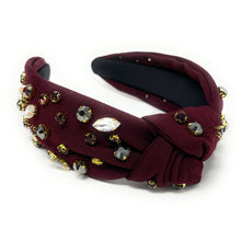 Load image into Gallery viewer, dark red knot headband, maroon jeweled knot headband, GameDay headband, maroon embellished headband, maroon knotted headband, College Game day headband, college knotted headband, hail state college headband, hail state headband, best friend gift, college go bears, college game day gift, Mississippi knot headband, Mississippi university college gifts, hail state fan, college gifts, roll tide football headband, hail state tailgating outfit, basketball knot headband, Football team headband, soccer headband