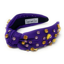 Load image into Gallery viewer, purple gold headband, Geaux tigers Headband, purple Jeweled Knot Headband, Game Day Headband, gameday headband, Purple Gold Knot headband, College Game Day Headband, LSU Knot Headband, Geaux tigers, Geaux college team, college headbands, football college headbands, Football headbands, Basketball headbands, best friend gift, college game day gift, Geaux tigahs headband, gold purple headband, LSU gifts, LSU tailgating hair accessories, college gifts, college football coin purse, Geaux tailgating outfits