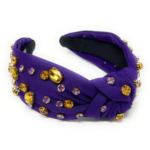 Load image into Gallery viewer, purple gold headband, Geaux tigers Headband, purple Jeweled Knot Headband, Game Day Headband, gameday headband, Purple Gold Knot headband, College Game Day Headband, LSU Knot Headband, Geaux tigers, Geaux college team, college headbands, football college headbands, Football headbands, Basketball headbands, best friend gift, college game day gift, Geaux tigahs headband, gold purple headband, LSU gifts, LSU tailgating hair accessories, college gifts, college football coin purse, Geaux tailgating outfits