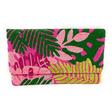 Load image into Gallery viewer, pink beaded clutch purse, birthday gift for her, summer clutch, seed bead purse, beach beaded bag, Beaded handbag, summer beaded bag, seed bead clutch, summer bag, birthday gift for her, floral clutch bag, seed bead purse, engagement gift, bridal gift to bride, bridal gift, palm leaves purse, gifts to bride, gifts for bride, wedding gift, bride gifts, beaded clutch purse,  summer beaded clutch, seed bead purse, beaded bag, summer bag, boho purse, tropical purse, tropical beaded clutch, pink purse