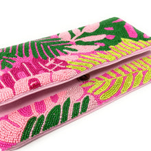 Load image into Gallery viewer, pink beaded clutch purse, birthday gift for her, summer clutch, seed bead purse, beach beaded bag, Beaded handbag, summer beaded bag, seed bead clutch, summer bag, birthday gift for her, floral clutch bag, seed bead purse, engagement gift, bridal gift to bride, bridal gift, palm leaves purse, gifts to bride, gifts for bride, wedding gift, bride gifts, beaded clutch purse,  summer beaded clutch, seed bead purse, beaded bag, summer bag, boho purse, tropical purse, tropical beaded clutch, pink purse