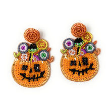 Load image into Gallery viewer, Halloween beaded Earrings, Pumpkin candy bucket Earrings, halloween Earrings, candy Halloween Earrings, earrings for halloween, Pumpkin candy bucket beaded earrings, spooky beaded earrings, Pumpkin earrings, Unique earrings, statement earrings, Halloween jewelry, cat earrings, candy bucket earrings, spooky cat earrings, costume jewelry, Holiday earrings, custom earrings, custom designs, dangling earrings, lightweight earrings, halloween accessories, halloween vibes, spooky vibes, handmade gifts