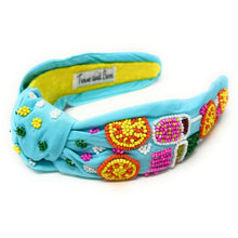 Load image into Gallery viewer, summer headband for women, blue Knot headband,  Blue lover headband, Summer knotted headband, Sea blue top knot headband, Bright blue top knotted headband, Chic headband, blue hair band, statement knot headbands, blue color headband, statement headbands, top knotted headband, knotted headband, Beach lover gifts, Beach embellished headband, gemstone knot headband, luxury headband, embellished knot headband, jeweled knot headband, Blue knot embellished headband