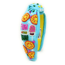 Load image into Gallery viewer, summer headband for women, blue Knot headband,  Blue lover headband, Summer knotted headband, Sea blue top knot headband, Bright blue top knotted headband, Chic headband, blue hair band, statement knot headbands, blue color headband, statement headbands, top knotted headband, knotted headband, Beach lover gifts, Beach embellished headband, gemstone knot headband, luxury headband, embellished knot headband, jeweled knot headband, Blue knot embellished headband