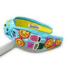 Load image into Gallery viewer, summer headband for women, blue Knot headband,  Blue lover headband, Summer knotted headband, Sea blue top knot headband, Bright blue top knotted headband, Chic headband, blue hair band, statement knot headbands, blue color headband, statement headbands, top knotted headband, knotted headband, Beach lover gifts, Beach embellished headband, gemstone knot headband, luxury headband, embellished knot headband, jeweled knot headband, Blue knot embellished headband