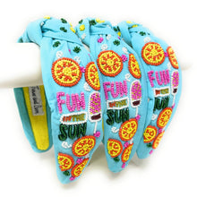 Load image into Gallery viewer, summer headband for women, blue Knot headband,  Blue lover headband, Summer knotted headband, Sea blue top knot headband, Bright blue top knotted headband, Chic headband, blue hair band, statement knot headbands, blue color headband, statement headbands, top knotted headband, knotted headband, Beach lover gifts, Beach embellished headband, gemstone knot headband, luxury headband, embellished knot headband, jeweled knot headband, Blue knot embellished headband