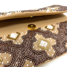 Load image into Gallery viewer, brown beaded clutch purse, birthday gift for her, summer clutch, seed bead purse, beaded bag, palm leaf handbang, beaded bag, seed bead clutch, summer bag, birthday gift for her, clutch bag, seed bead purse, engagement gift, bridal gift to bride, bridal gift, palm leaves purse, gifts to bride, gifts for bride, wedding gift, bride gifts,beaded clutch purse, birthday gift for her, summer clutch, seed bead purse, beaded bag, summer bag, boho purse, nude color purse, bronze color purse
