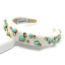 Load image into Gallery viewer, headbands for women, baroque headband, handmade headbands, ivory headband, white headband, hair band for women, embellished headband, rhinestone headband, bejeweled headband, luxury headband, jeweled headband, ivory jeweled headband, bling headband, embellished knot headband, luxury knot headband, knot headband, rhinestone headband, bejeweled accessories, turquoise pebbles headband, autumn headbands, custom headband, embellished headband, custom Autumn headbands, padded headband