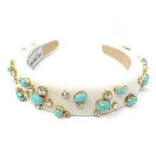 Load image into Gallery viewer, headbands for women, baroque headband, handmade headbands, ivory headband, white headband, hair band for women, embellished headband, rhinestone headband, bejeweled headband, luxury headband, jeweled headband, ivory jeweled headband, bling headband, embellished knot headband, luxury knot headband, knot headband, rhinestone headband, bejeweled accessories, turquoise pebbles headband, autumn headbands, custom headband, embellished headband, custom Autumn headbands, padded headband
