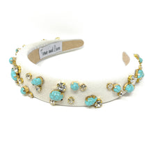 Load image into Gallery viewer, headbands for women, baroque headband, handmade headbands, ivory headband, white headband, hair band for women, embellished headband, rhinestone headband, bejeweled headband, luxury headband, jeweled headband, ivory jeweled headband, bling headband, embellished knot headband, luxury knot headband, knot headband, rhinestone headband, bejeweled accessories, turquoise pebbles headband, autumn headbands, custom headband, embellished headband, custom Autumn headbands, padded headband
