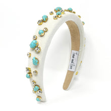 Load image into Gallery viewer, headbands for women, baroque headband, handmade headbands, ivory headband, white headband, hair band for women, embellished headband, rhinestone headband, bejeweled headband, luxury headband, jeweled headband, ivory jeweled headband, bling headband, embellished knot headband, luxury knot headband, knot headband, rhinestone headband, bejeweled accessories, turquoise pebbles headband, autumn headbands, custom headband, embellished headband, custom Autumn headbands, padded headband