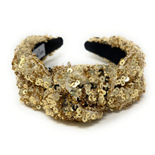 Load image into Gallery viewer, New Years Jeweled Headband, Holiday Headband, New Year’s Knotted Headband, New Years Hair Accessories, Black Headband, Best Seller, New Year headband, best selling items, sequin knotted headband, Holiday gifts, New Years knot Headband, Gold hair accessories, Gold sequin headband, Gold holiday headband, Sequin headband, embellished knot headband, jeweled knot headband, New Years Eve Jeweled headband, New Year Embellished headband, Custom headband, Unique headbands, handmade headbands