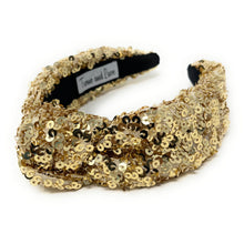 Load image into Gallery viewer, New Years Jeweled Headband, Holiday Headband, New Year’s Knotted Headband, New Years Hair Accessories, Black Headband, Best Seller, New Year headband, best selling items, sequin knotted headband, Holiday gifts, New Years knot Headband, Gold hair accessories, Gold sequin headband, Gold holiday headband, Sequin headband, embellished knot headband, jeweled knot headband, New Years Eve Jeweled headband, New Year Embellished headband, Custom headband, Unique headbands, handmade headbands