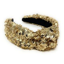 Load image into Gallery viewer, New Years Jeweled Headband, Holiday Headband, New Year’s Knotted Headband, New Years Hair Accessories, Black Headband, Best Seller, New Year headband, best selling items, sequin knotted headband, Holiday gifts, New Years knot Headband, Gold hair accessories, Gold sequin headband, Gold holiday headband, Sequin headband, embellished knot headband, jeweled knot headband, New Years Eve Jeweled headband, New Year Embellished headband, Custom headband, Unique headbands, handmade headbands