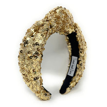 Load image into Gallery viewer, New Years Jeweled Headband, Holiday Headband, New Year’s Knotted Headband, New Years Hair Accessories, Black Headband, Best Seller, New Year headband, best selling items, sequin knotted headband, Holiday gifts, New Years knot Headband, Gold hair accessories, Gold sequin headband, Gold holiday headband, Sequin headband, embellished knot headband, jeweled knot headband, New Years Eve Jeweled headband, New Year Embellished headband, Custom headband, Unique headbands, handmade headbands
