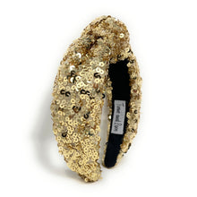 Load image into Gallery viewer, New Years Jeweled Headband, Holiday Headband, New Year’s Knotted Headband, New Years Hair Accessories, Black Headband, Best Seller, New Year headband, best selling items, sequin knotted headband, Holiday gifts, New Years knot Headband, Gold hair accessories, Gold sequin headband, Gold holiday headband, Sequin headband, embellished knot headband, jeweled knot headband, New Years Eve Jeweled headband, New Year Embellished headband, Custom headband, Unique headbands, handmade headbands
