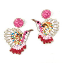 Load image into Gallery viewer, Hummingbird Beaded Earrings, beaded hummingbird Earrings, Hummingbird Earrings, Pink hummingbird Beaded Earrings, pink bead earrings, hummingbird lover bead earrings, hummingbird beaded earrings, hummingbird pink earrings, Beaded earrings, pink bead earrings, pink seed bead earrings, pink accessories, summer accessories, pink earrings, gifts for mom, best friend gifts, birthday gifts, pink jewelry, pink bead earrings, bird earrings accessory, summer earrings, bird earrings