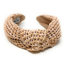 Load image into Gallery viewer, headband for woman, fashion headbands, beige raffia knot headband, woven headbands for women, stylish headbands, raffia headband style, top knot headband, woven top knot headband, ivory headband, hair band, multicolor raffia headband, raffia woven headband, women top knot headband, summer headbands, beige knot headband, woven top knot headband, handmade headbands, top knotted headband, knotted headband, boho headband, beige knotted headband, solid color headband, resort headband