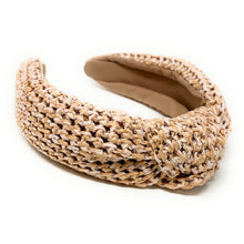 Load image into Gallery viewer, headband for woman, fashion headbands, beige raffia knot headband, woven headbands for women, stylish headbands, raffia headband style, top knot headband, woven top knot headband, ivory headband, hair band, multicolor raffia headband, raffia woven headband, women top knot headband, summer headbands, beige knot headband, woven top knot headband, handmade headbands, top knotted headband, knotted headband, boho headband, beige knotted headband, solid color headband, resort headband