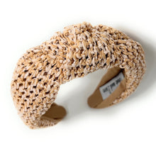 Load image into Gallery viewer, headband for woman, fashion headbands, beige raffia knot headband, woven headbands for women, stylish headbands, raffia headband style, top knot headband, woven top knot headband, ivory headband, hair band, multicolor raffia headband, raffia woven headband, women top knot headband, summer headbands, beige knot headband, woven top knot headband, handmade headbands, top knotted headband, knotted headband, boho headband, beige knotted headband, solid color headband, resort headband