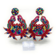 Load image into Gallery viewer, crab Beaded Earrings, beaded crab Earrings, multicolor crab Earrings, colorful crab Beaded Earrings, crab bead earrings, crab lover bead earrings, crab beaded earrings, crab multicolor earrings, Beaded earrings, crab bead earrings, crab seed bead earrings, crab accessories, summer accessories, crab color earrings, gifts for mom, best friend gifts, birthday gifts, crab jewelry, pink bead earrings, sea earrings accessory, summer earrings, crab earrings