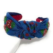 Load image into Gallery viewer, headband for women, blue Knot headband, denim strawberry lover headband, denim knotted headband, denim top knot headband, strawberry top knotted headband, denim knotted headband, strawberry hair band, blue knot headbands, denim color headband, statement headbands, top knotted headband, knotted headband, strawberry love gifts, strawberry embellished headband, gemstone knot headband, luxury headband, embellished knot headband, jeweled knot headband, strawberry knot headband