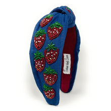 Load image into Gallery viewer, headband for women, blue Knot headband, denim strawberry lover headband, denim knotted headband, denim top knot headband, strawberry top knotted headband, denim knotted headband, strawberry hair band, blue knot headbands, denim color headband, statement headbands, top knotted headband, knotted headband, strawberry love gifts, strawberry embellished headband, gemstone knot headband, luxury headband, embellished knot headband, jeweled knot headband, strawberry knot headband