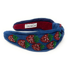 Load image into Gallery viewer, headband for women, blue Knot headband, denim strawberry lover headband, denim knotted headband, denim top knot headband, strawberry top knotted headband, denim knotted headband, strawberry hair band, blue knot headbands, denim color headband, statement headbands, top knotted headband, knotted headband, strawberry love gifts, strawberry embellished headband, gemstone knot headband, luxury headband, embellished knot headband, jeweled knot headband, strawberry knot headband