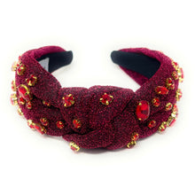 Load image into Gallery viewer, burgundy Jeweled Headband, maroon headband, Autumn Hair Accessories, Autumn Headband, knot headband, boho headband, best selling items, Fall knotted headband, hairbands for women, thanksgiving  gifts,  Fall knot Headband, Fall Winter accessories, burgundy headband, shimmer headband, Statement headband, Christmas gifts, jeweled knot headband, Jeweled headband, wine knot headband, Embellished headband, Autumn embellished headband, bejeweled headband