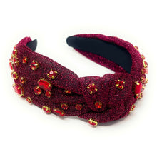 Load image into Gallery viewer, burgundy Jeweled Headband, maroon headband, Autumn Hair Accessories, Autumn Headband, knot headband, boho headband, best selling items, Fall knotted headband, hairbands for women, thanksgiving  gifts,  Fall knot Headband, Fall Winter accessories, burgundy headband, shimmer headband, Statement headband, Christmas gifts, jeweled knot headband, Jeweled headband, wine knot headband, Embellished headband, Autumn embellished headband, bejeweled headband