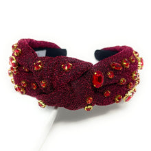 Load image into Gallery viewer, burgundy Jeweled Headband, maroon headband, Autumn Hair Accessories, Autumn Headband, knot headband, boho headband, best selling items, Fall knotted headband, hairbands for women, thanksgiving  gifts,  Fall knot Headband, Fall Winter accessories, burgundy headband, shimmer headband, Statement headband, Christmas gifts, jeweled knot headband, Jeweled headband, wine knot headband, Embellished headband, Autumn embellished headband, bejeweled headband