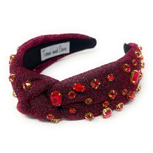 Load image into Gallery viewer, burgundy Jeweled Headband, maroon headband, Autumn Hair Accessories, Autumn Headband, knot headband, boho headband, best selling items, Fall knotted headband, hairbands for women, thanksgiving  gifts,  Fall knot Headband, Fall Winter accessories, burgundy headband, shimmer headband, Statement headband, Christmas gifts, jeweled knot headband, Jeweled headband, wine knot headband, Embellished headband, Autumn embellished headband, bejeweled headband