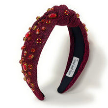 Load image into Gallery viewer, burgundy Jeweled Headband, maroon headband, Autumn Hair Accessories, Autumn Headband, knot headband, boho headband, best selling items, Fall knotted headband, hairbands for women, thanksgiving  gifts,  Fall knot Headband, Fall Winter accessories, burgundy headband, shimmer headband, Statement headband, Christmas gifts, jeweled knot headband, Jeweled headband, wine knot headband, Embellished headband, Autumn embellished headband, bejeweled headband