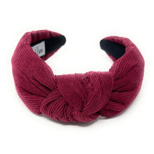 Load image into Gallery viewer, Fall Headband, Autumn Knotted Headband, Burgundy Knot Headband, Maroon Hair Accessories, Burgundy corduroy knot Headband, Best Seller, Wine color headband, best selling items, solid color knotted headband, Fall Winter fashion, Christmas gifts, Solid color knot Headband, Solid color hair accessories, corduroy headband, solid knotted headband, Statement headband, Corduroy knot headband, Holiday knot headband, top knot solid hairband, corduroy headband, Winter headband, Solid color headband
