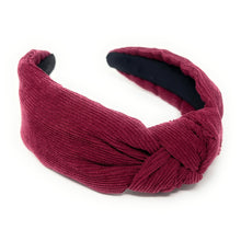 Load image into Gallery viewer, Fall Headband, Autumn Knotted Headband, Burgundy Knot Headband, Maroon Hair Accessories, Burgundy corduroy knot Headband, Best Seller, Wine color headband, best selling items, solid color knotted headband, Fall Winter fashion, Christmas gifts, Solid color knot Headband, Solid color hair accessories, corduroy headband, solid knotted headband, Statement headband, Corduroy knot headband, Holiday knot headband, top knot solid hairband, corduroy headband, Winter headband, Solid color headband