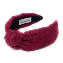 Load image into Gallery viewer, Fall Headband, Autumn Knotted Headband, Burgundy Knot Headband, Maroon Hair Accessories, Burgundy corduroy knot Headband, Best Seller, Wine color headband, best selling items, solid color knotted headband, Fall Winter fashion, Christmas gifts, Solid color knot Headband, Solid color hair accessories, corduroy headband, solid knotted headband, Statement headband, Corduroy knot headband, Holiday knot headband, top knot solid hairband, corduroy headband, Winter headband, Solid color headband