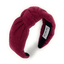Load image into Gallery viewer, Fall Headband, Autumn Knotted Headband, Burgundy Knot Headband, Maroon Hair Accessories, Burgundy corduroy knot Headband, Best Seller, Wine color headband, best selling items, solid color knotted headband, Fall Winter fashion, Christmas gifts, Solid color knot Headband, Solid color hair accessories, corduroy headband, solid knotted headband, Statement headband, Corduroy knot headband, Holiday knot headband, top knot solid hairband, corduroy headband, Winter headband, Solid color headband