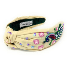 Load image into Gallery viewer, Peacock Jeweled Headband, peacock Jeweled knot Headband, Peacock Jeweled Knot Headband, Jeweled Knot Headbands, peacock Knotted Headband, beige knotted headband, birthday gifts, headbands for women, knotted headbands, hair accessories, Peacock knot headband, embellished denim jeweled headband, bachelorette headband, Bachelorette gifts, embellished headband, summer Jeweled headband, drink knot headband, Beige knot headband, bling headband, Peacock lover, Peacock accessories