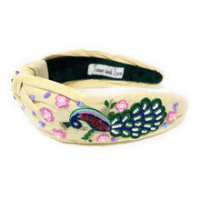 Load image into Gallery viewer, Peacock Jeweled Headband, peacock Jeweled knot Headband, Peacock Jeweled Knot Headband, Jeweled Knot Headbands, peacock Knotted Headband, beige knotted headband, birthday gifts, headbands for women, knotted headbands, hair accessories, Peacock knot headband, embellished denim jeweled headband, bachelorette headband, Bachelorette gifts, embellished headband, summer Jeweled headband, drink knot headband, Beige knot headband, bling headband, Peacock lover, Peacock accessories