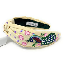 Load image into Gallery viewer, Peacock Jeweled Headband, peacock Jeweled knot Headband, Peacock Jeweled Knot Headband, Jeweled Knot Headbands, peacock Knotted Headband, beige knotted headband, birthday gifts, headbands for women, knotted headbands, hair accessories, Peacock knot headband, embellished denim jeweled headband, bachelorette headband, Bachelorette gifts, embellished headband, summer Jeweled headband, drink knot headband, Beige knot headband, bling headband, Peacock lover, Peacock accessories