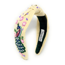Load image into Gallery viewer, Peacock Jeweled Headband, peacock Jeweled knot Headband, Peacock Jeweled Knot Headband, Jeweled Knot Headbands, peacock Knotted Headband, beige knotted headband, birthday gifts, headbands for women, knotted headbands, hair accessories, Peacock knot headband, embellished denim jeweled headband, bachelorette headband, Bachelorette gifts, embellished headband, summer Jeweled headband, drink knot headband, Beige knot headband, bling headband, Peacock lover, Peacock accessories
