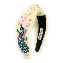 Load image into Gallery viewer, Peacock Jeweled Headband, peacock Jeweled knot Headband, Peacock Jeweled Knot Headband, Jeweled Knot Headbands, peacock Knotted Headband, beige knotted headband, birthday gifts, headbands for women, knotted headbands, hair accessories, Peacock knot headband, embellished denim jeweled headband, bachelorette headband, Bachelorette gifts, embellished headband, summer Jeweled headband, drink knot headband, Beige knot headband, bling headband, Peacock lover, Peacock accessories