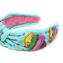 Load image into Gallery viewer, summer headband for women, blue Knot headband,  ice cream lover headband, Summer knotted headband, Sea foam green top knot headband, Bright blue top knotted headband, Chic headband, best summer hair band, statement knot headbands, summer knot headband, statement headbands, top knotted headband, knotted headband, Beach lover gifts, Beach embellished headband, gemstone knot headband, luxury headband, embellished knot headband, jeweled knot headband, Beach knot embellished headband, birthday headband