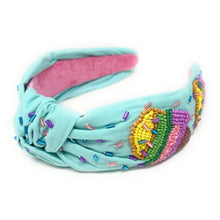 Load image into Gallery viewer, summer headband for women, blue Knot headband,  ice cream lover headband, Summer knotted headband, Sea foam green top knot headband, Bright blue top knotted headband, Chic headband, best summer hair band, statement knot headbands, summer knot headband, statement headbands, top knotted headband, knotted headband, Beach lover gifts, Beach embellished headband, gemstone knot headband, luxury headband, embellished knot headband, jeweled knot headband, Beach knot embellished headband, birthday headband