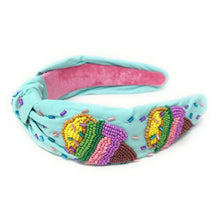 Load image into Gallery viewer, summer headband for women, blue Knot headband,  ice cream lover headband, Summer knotted headband, Sea foam green top knot headband, Bright blue top knotted headband, Chic headband, best summer hair band, statement knot headbands, summer knot headband, statement headbands, top knotted headband, knotted headband, Beach lover gifts, Beach embellished headband, gemstone knot headband, luxury headband, embellished knot headband, jeweled knot headband, Beach knot embellished headband, birthday headband