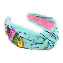 Load image into Gallery viewer, summer headband for women, blue Knot headband,  ice cream lover headband, Summer knotted headband, Sea foam green top knot headband, Bright blue top knotted headband, Chic headband, best summer hair band, statement knot headbands, summer knot headband, statement headbands, top knotted headband, knotted headband, Beach lover gifts, Beach embellished headband, gemstone knot headband, luxury headband, embellished knot headband, jeweled knot headband, Beach knot embellished headband, birthday headband