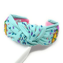 Load image into Gallery viewer, summer headband for women, blue Knot headband,  ice cream lover headband, Summer knotted headband, Sea foam green top knot headband, Bright blue top knotted headband, Chic headband, best summer hair band, statement knot headbands, summer knot headband, statement headbands, top knotted headband, knotted headband, Beach lover gifts, Beach embellished headband, gemstone knot headband, luxury headband, embellished knot headband, jeweled knot headband, Beach knot embellished headband, birthday headband
