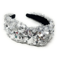 Load image into Gallery viewer, New Years Jeweled Headband, Holiday Headband, New Year’s Knotted Headband, New Years Hair Accessories, Silver Headband, Best Seller, New Year headband, best selling items, sequin knotted headband, Holiday gifts, New Years knot Headband, Silver hair accessories, Silver  sequin headband, Silver holiday headband, Sequin headband, embellished knot headband, jeweled knot headband, New Years Eve Jeweled headband, New Year Embellished headband, Custom headband, Unique headbands, handmade headbands