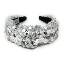 Load image into Gallery viewer, New Years Jeweled Headband, Holiday Headband, New Year’s Knotted Headband, New Years Hair Accessories, Silver Headband, Best Seller, New Year headband, best selling items, sequin knotted headband, Holiday gifts, New Years knot Headband, Silver hair accessories, Silver  sequin headband, Silver holiday headband, Sequin headband, embellished knot headband, jeweled knot headband, New Years Eve Jeweled headband, New Year Embellished headband, Custom headband, Unique headbands, handmade headbands