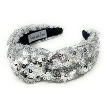 Load image into Gallery viewer, New Years Jeweled Headband, Holiday Headband, New Year’s Knotted Headband, New Years Hair Accessories, Silver Headband, Best Seller, New Year headband, best selling items, sequin knotted headband, Holiday gifts, New Years knot Headband, Silver hair accessories, Silver  sequin headband, Silver holiday headband, Sequin headband, embellished knot headband, jeweled knot headband, New Years Eve Jeweled headband, New Year Embellished headband, Custom headband, Unique headbands, handmade headbands